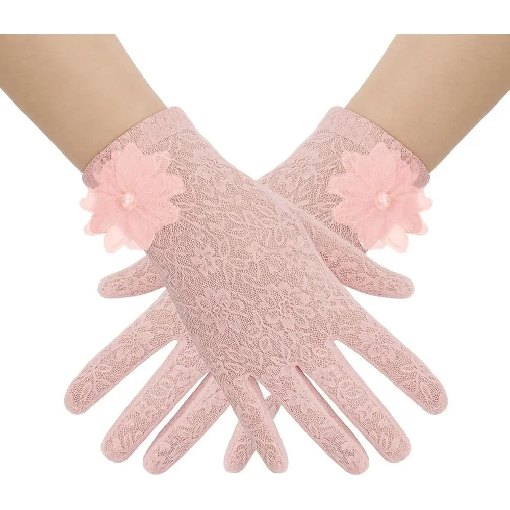 Women's Embroidery Light Pink Short Lace Wrist Gloves Design Party Accessories